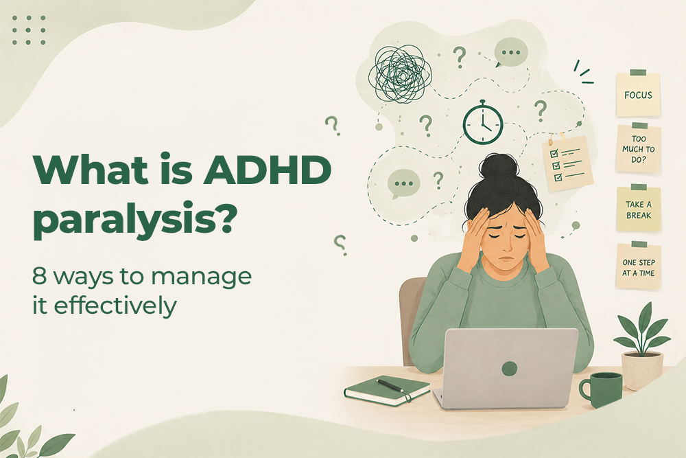 Person experiencing ADHD paralysis while struggling to focus on daily tasks at a desk with notes and a laptop.