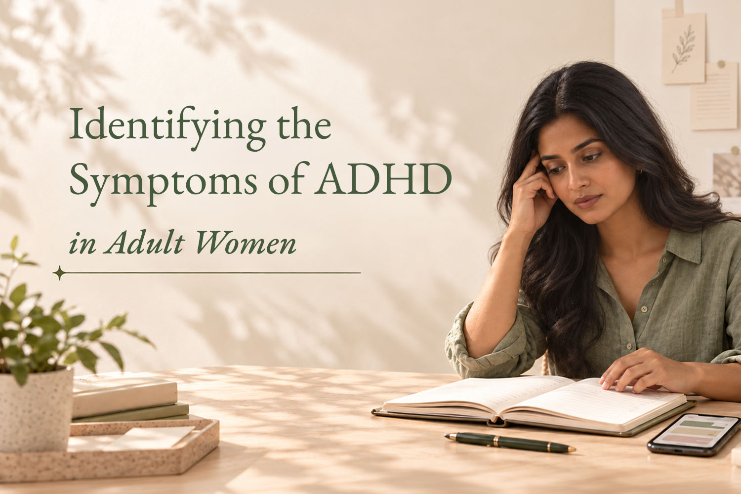 Identifying the symptoms of ADHD in adult women blog header showing a woman thinking over an open planner and phone.